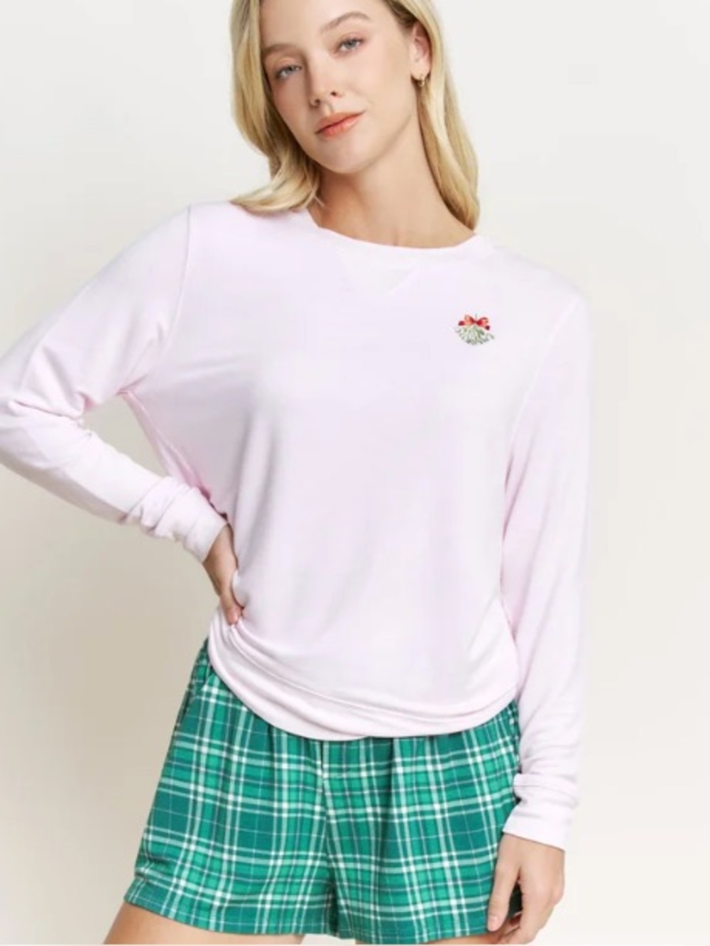 NWT!! Honeydew Intimates Pink Long-Sleeve Top & Green Plaid Short Set